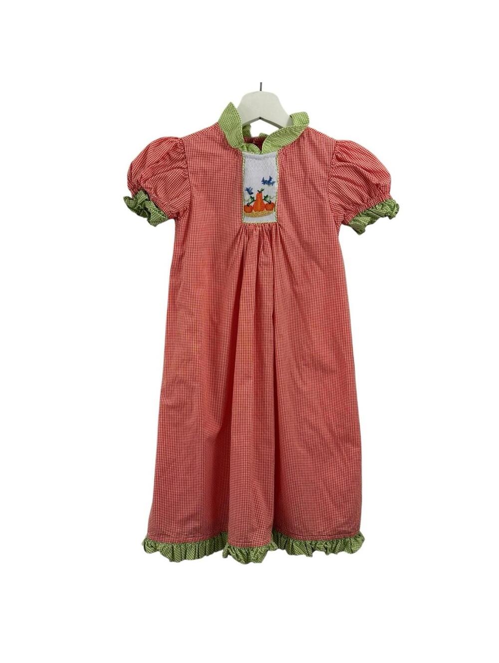 Beaux Belles Pink & Green Gingham Pumpkin Smocked Dress Size 5